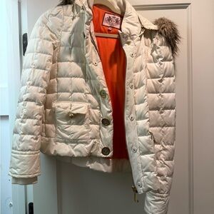 Juicy Couture Cream Puffer Jacket with Faux Fur